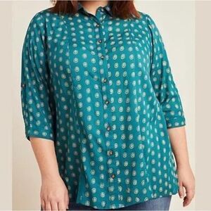 Maeve Anthropologie Monika Tunic Teal Green Boho Tab 3/4 Sleeve Blouse Button Up